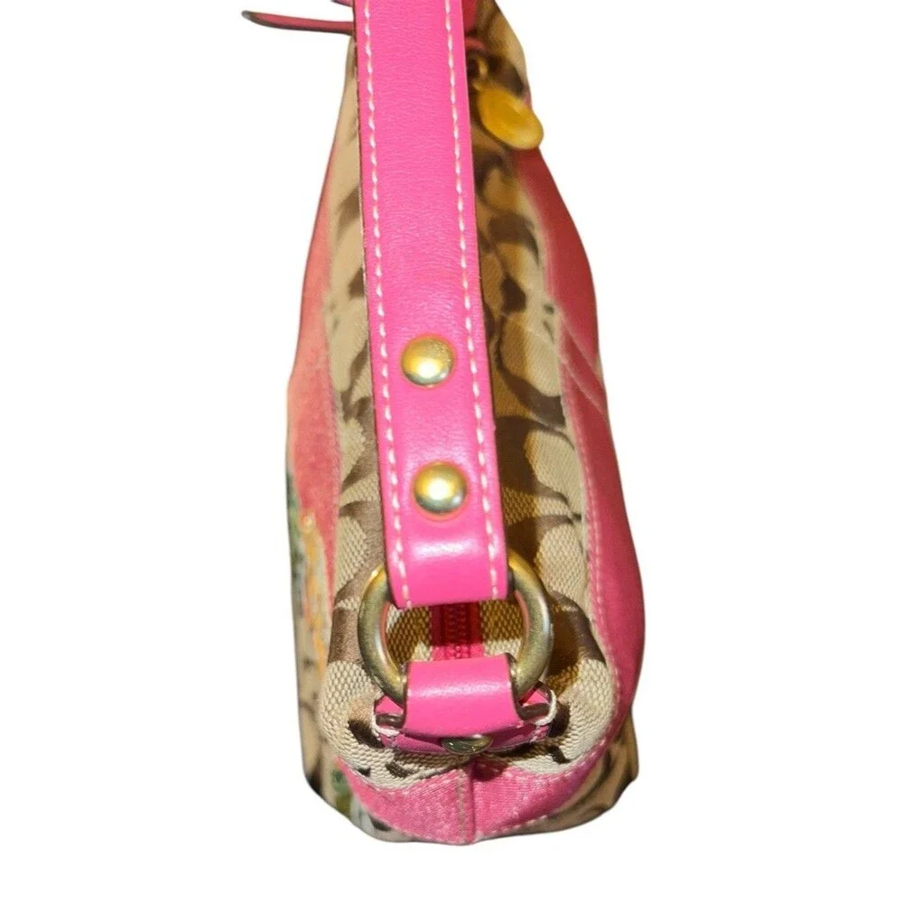 Coach Khaki Pink Signature C Rare Floral Appliqué Canvas Shoulder Bag 41420 Y2K